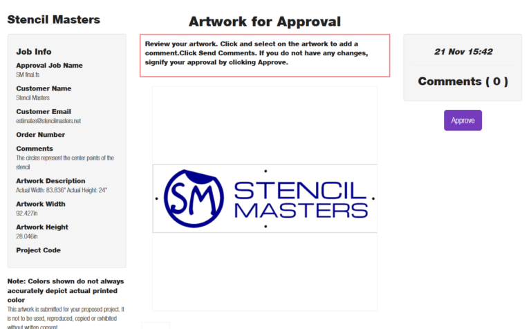 Screenshot of the Stencil Masters art approval page showing a digital proof for custom stencils or decals.