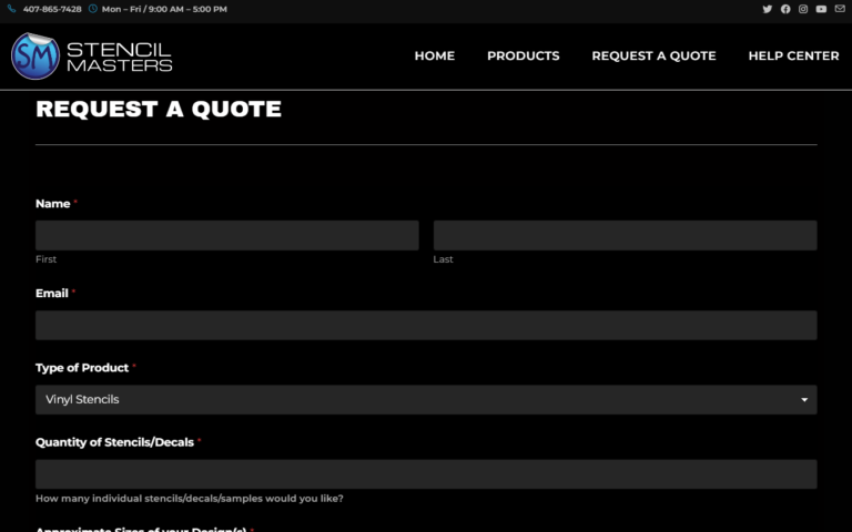 Screenshot of the Stencil Masters request a quote form for ordering custom stencils and decals.